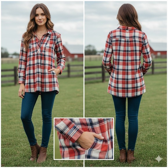 Free People Plaid Tunic Top Small Plaid Red Blue Flannel Shirt Boho Cottagecore - Picture 1 of 11